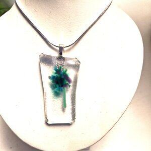 Asymmetric blue green flower pendant necklace Unique handmade festival jewelry